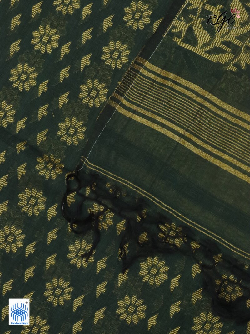Bottle Green Cotton Allover Dhakai Jamdani Saree - Image 6