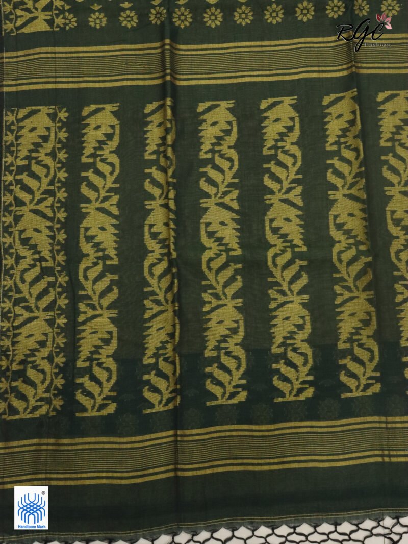 Bottle Green Cotton Allover Dhakai Jamdani Saree - Image 5