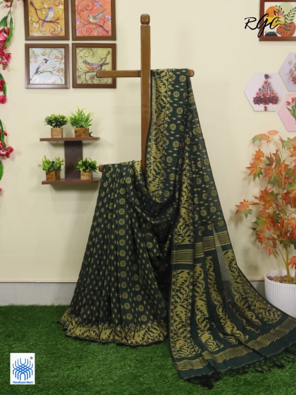 Bottle Green Cotton Allover Dhakai Jamdani Saree