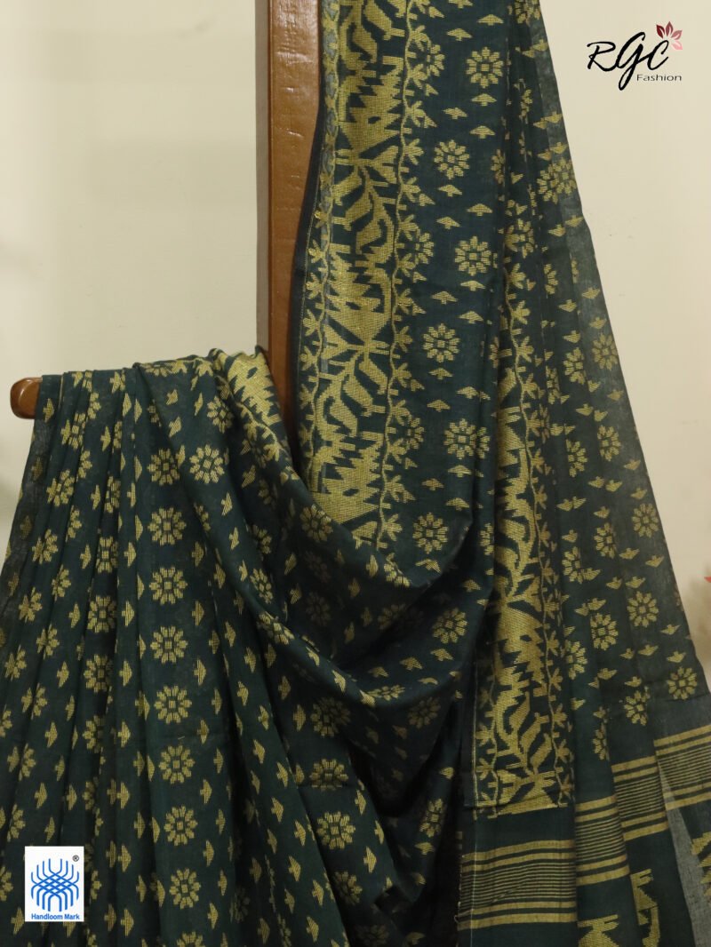 Bottle Green Cotton Allover Dhakai Jamdani Saree - Image 2