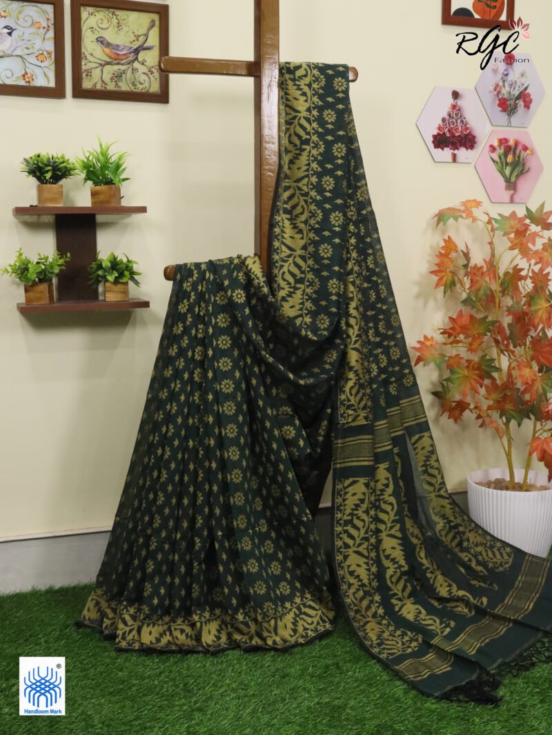 Bottle Green Cotton Allover Dhakai Jamdani Saree - Image 3