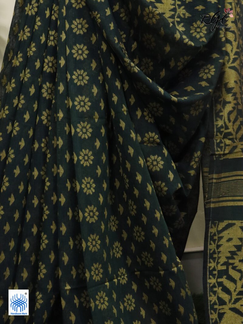 Bottle Green Cotton Allover Dhakai Jamdani Saree - Image 10