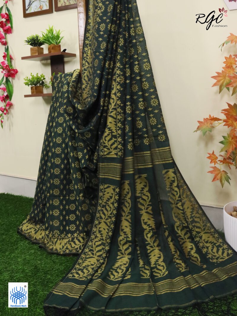 Bottle Green Cotton Allover Dhakai Jamdani Saree - Image 9