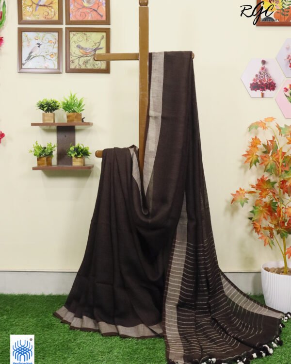 Brown Linen Palin Silver Zari Border Saree