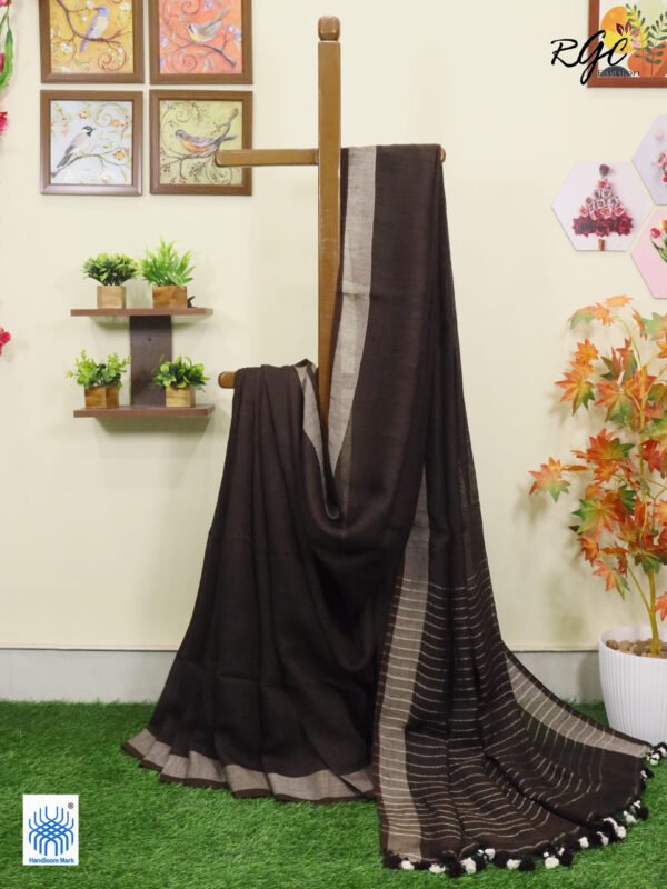 Brown Linen Palin Silver Zari Border Saree