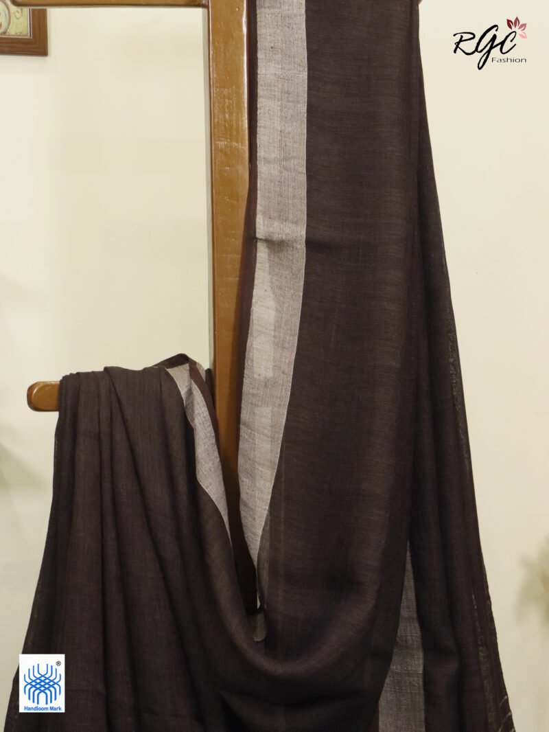 Brown Linen Palin Silver Zari Border Saree - Image 2