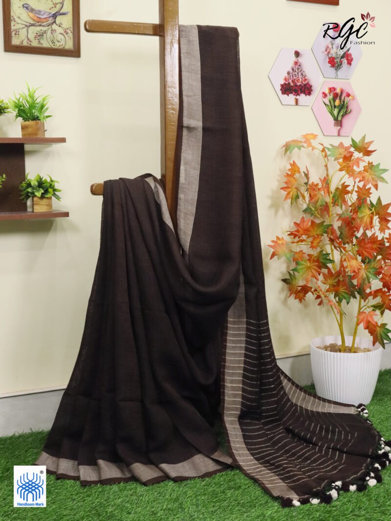 Brown Linen Palin Silver Zari Border Saree - Image 3