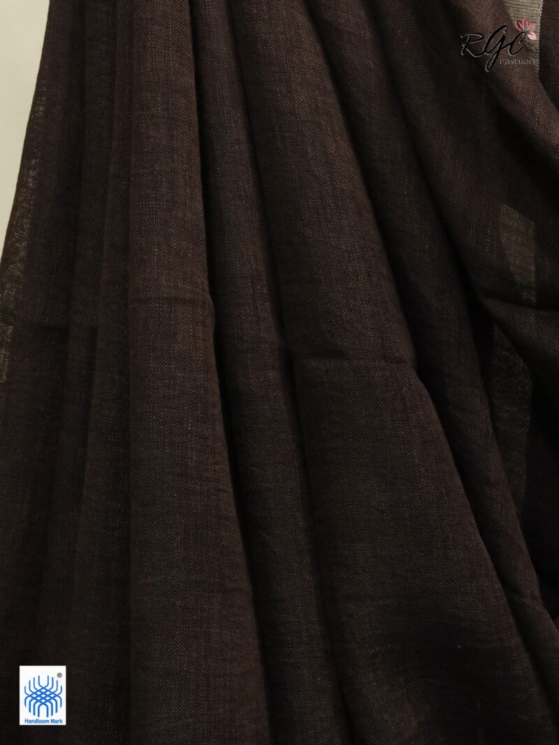 Brown Linen Palin Silver Zari Border Saree - Image 4