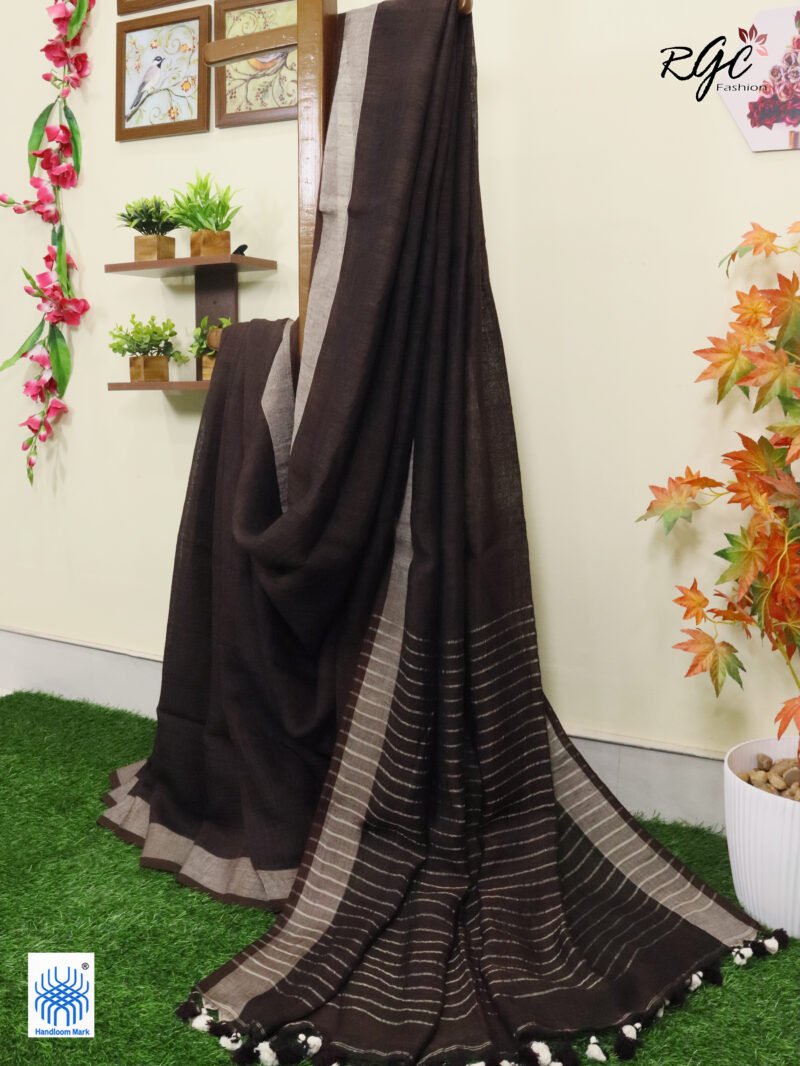 Brown Linen Palin Silver Zari Border Saree - Image 5