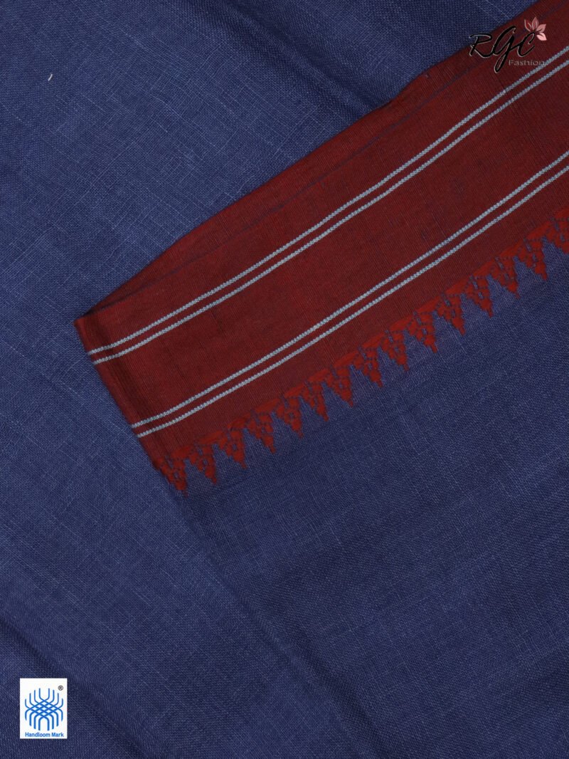 Blue Linen Palin Red Thread Border Saree - Image 7