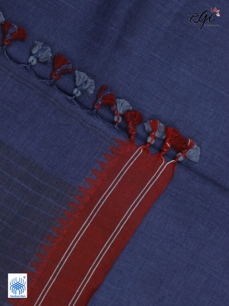 Blue Linen Palin Red Thread Border Saree - Image 8