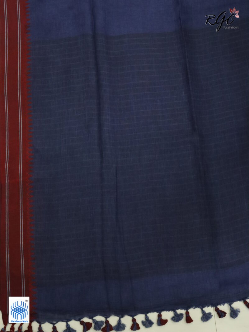 Blue Linen Palin Red Thread Border Saree - Image 9