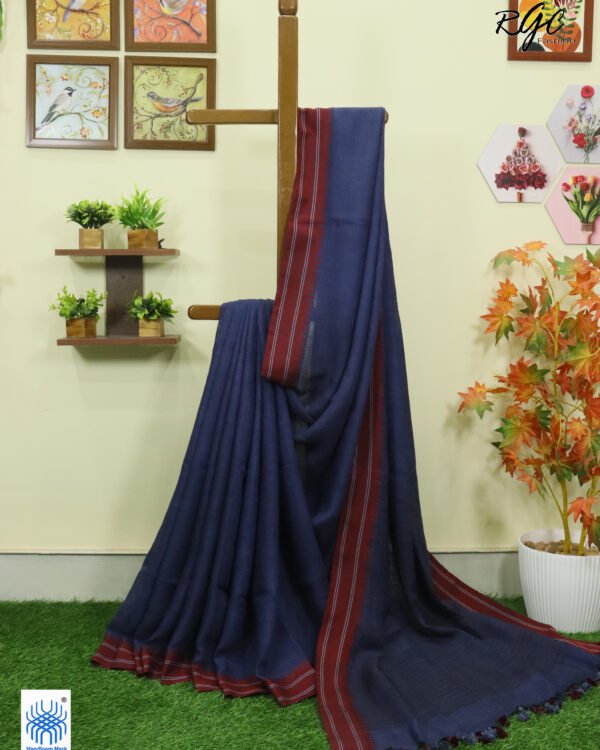 Blue Linen Palin Red Thread Border Saree