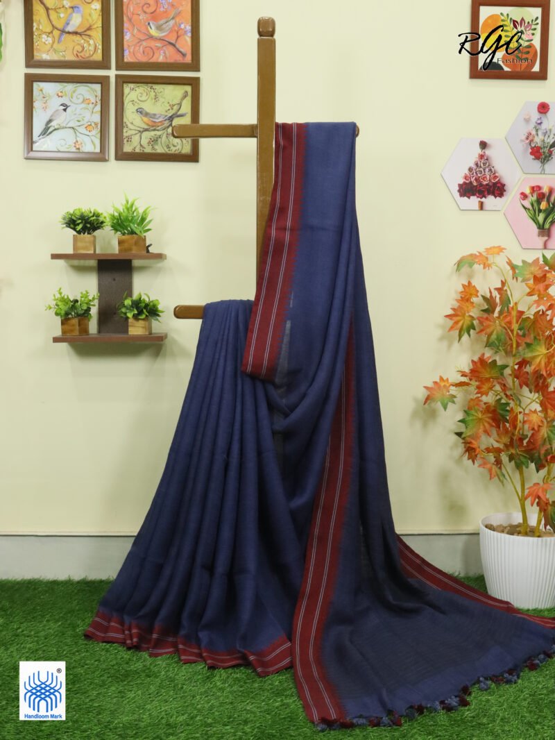 Blue Linen Palin Red Thread Border Saree
