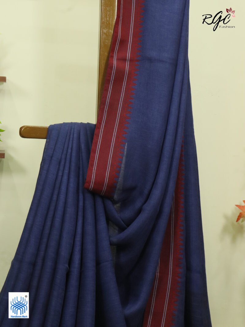 Blue Linen Palin Red Thread Border Saree - Image 2