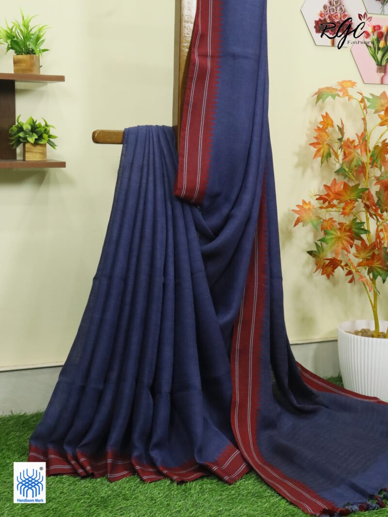Blue Linen Palin Red Thread Border Saree - Image 3