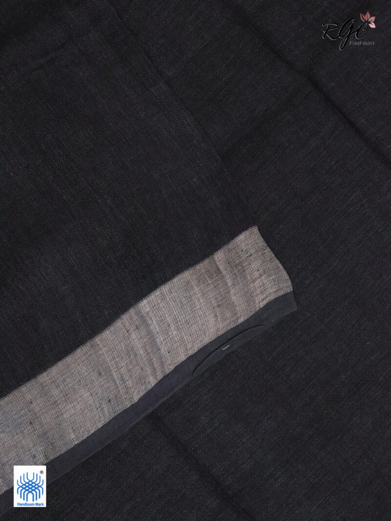 Grayish Black Linen Palin Silver Zari Border Saree - Image 9