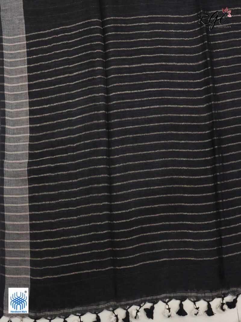Grayish Black Linen Palin Silver Zari Border Saree - Image 7