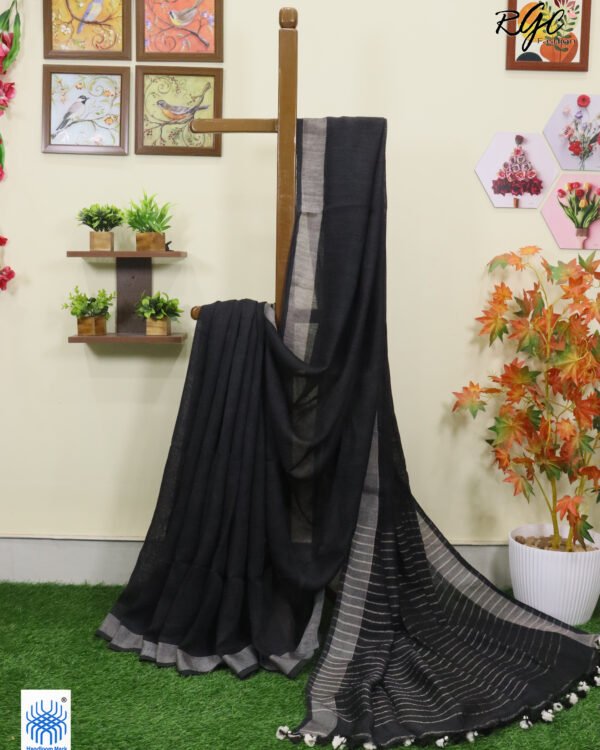 Grayish Black Linen Palin Silver Zari Border Saree