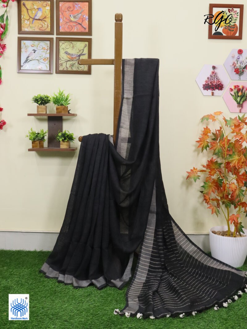 Grayish Black Linen Palin Silver Zari Border Saree