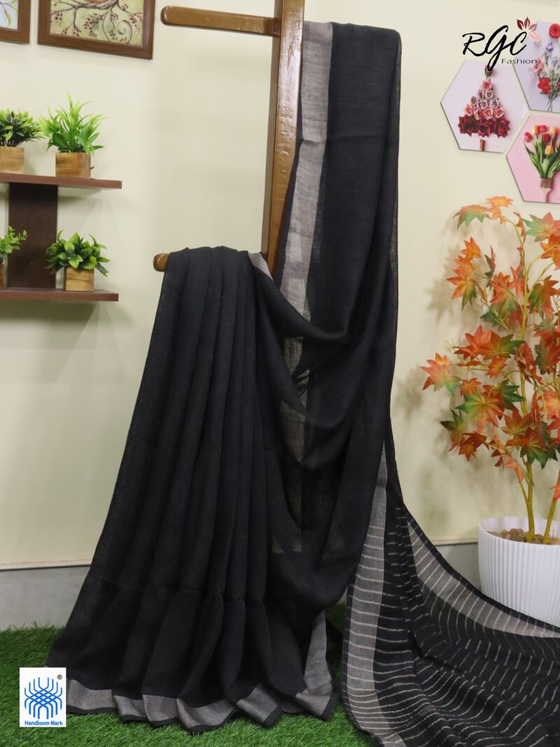 Grayish Black Linen Palin Silver Zari Border Saree - Image 2