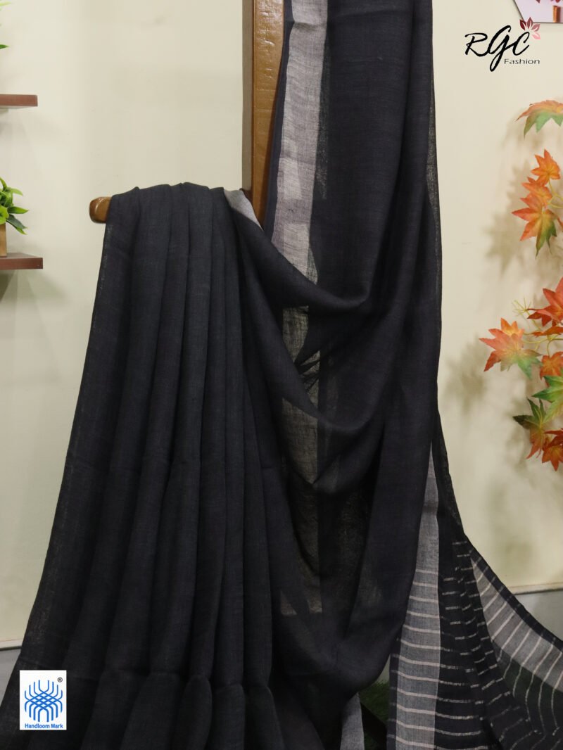 Grayish Black Linen Palin Silver Zari Border Saree - Image 3