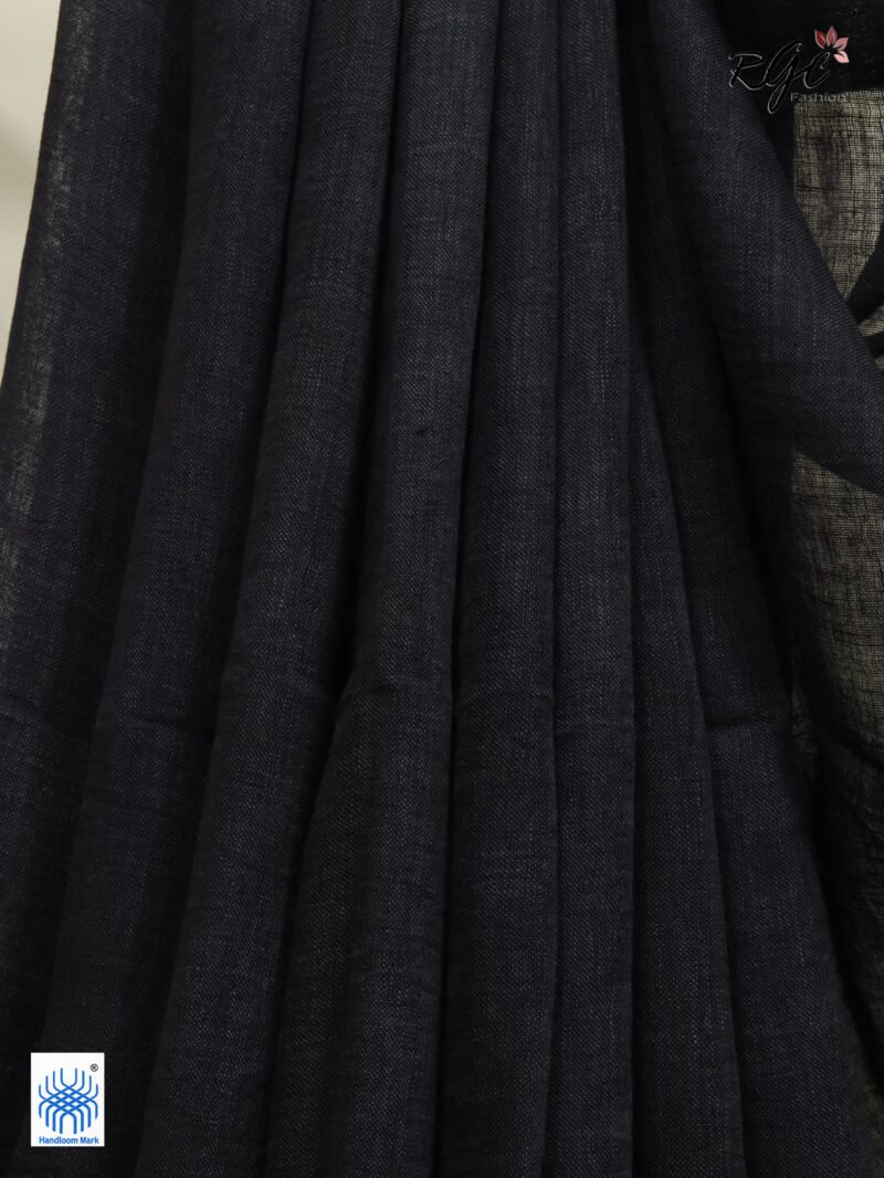 Grayish Black Linen Palin Silver Zari Border Saree - Image 4