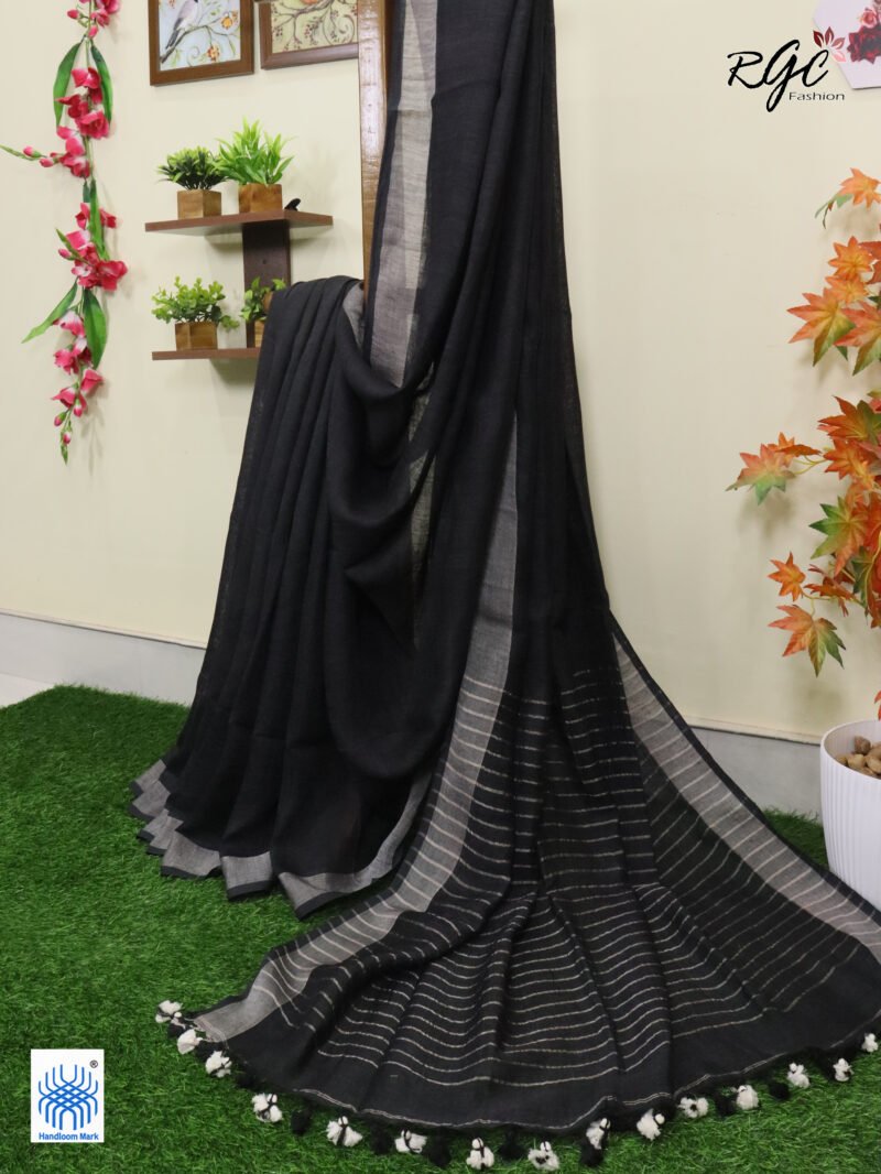Grayish Black Linen Palin Silver Zari Border Saree - Image 5