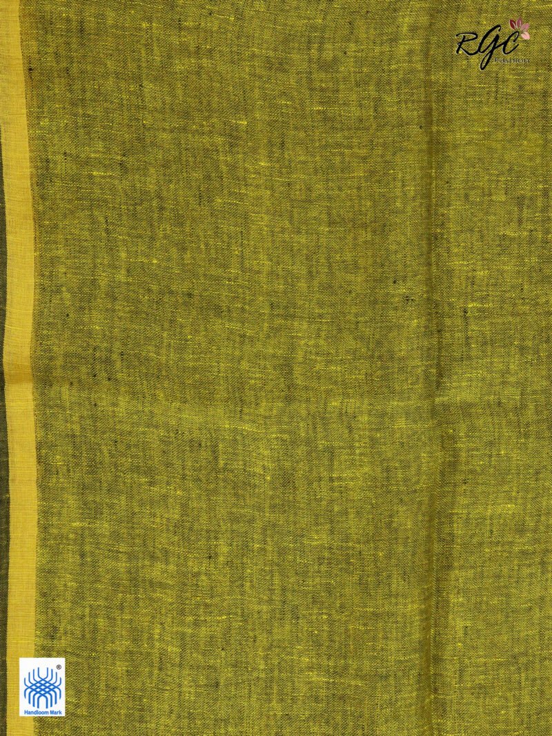 Blackish Yellow Linen Palin Golden Zari Border Saree - Image 10