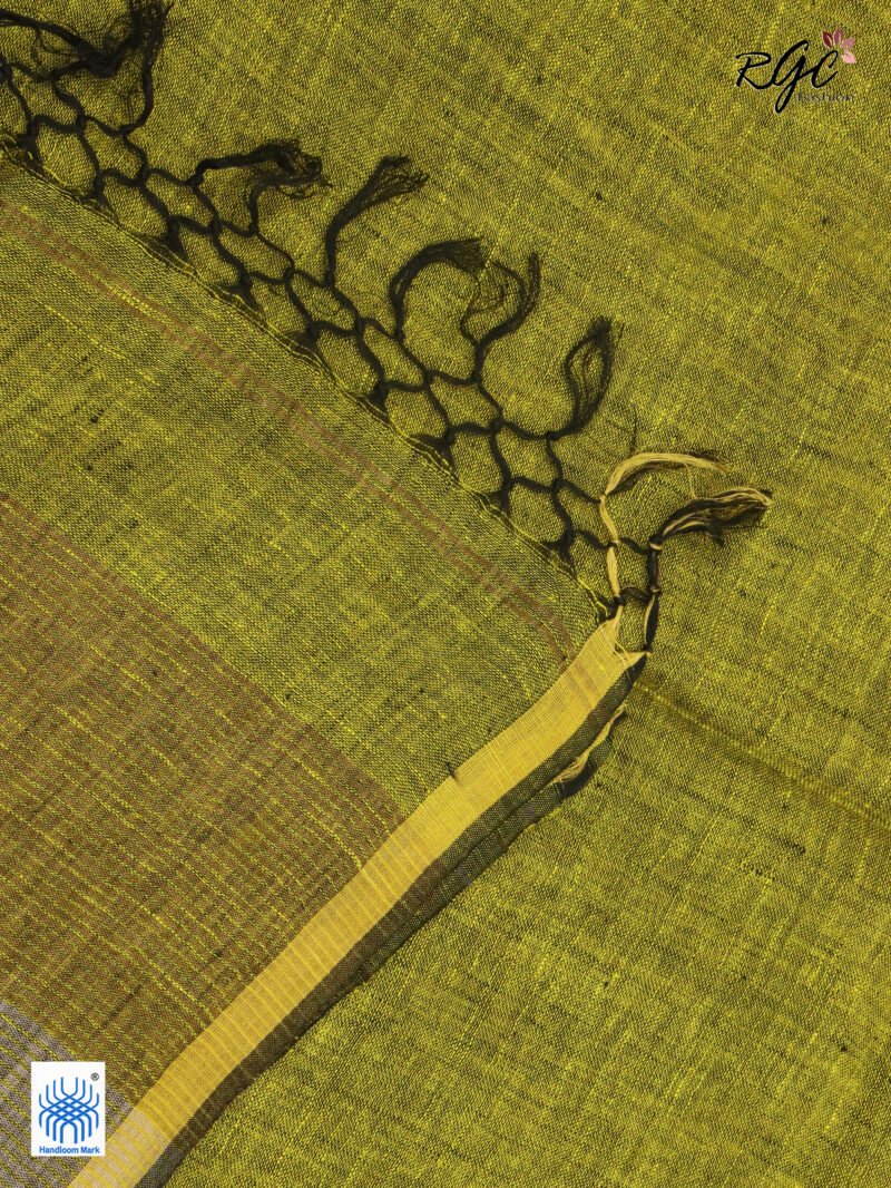 Blackish Yellow Linen Palin Golden Zari Border Saree - Image 8