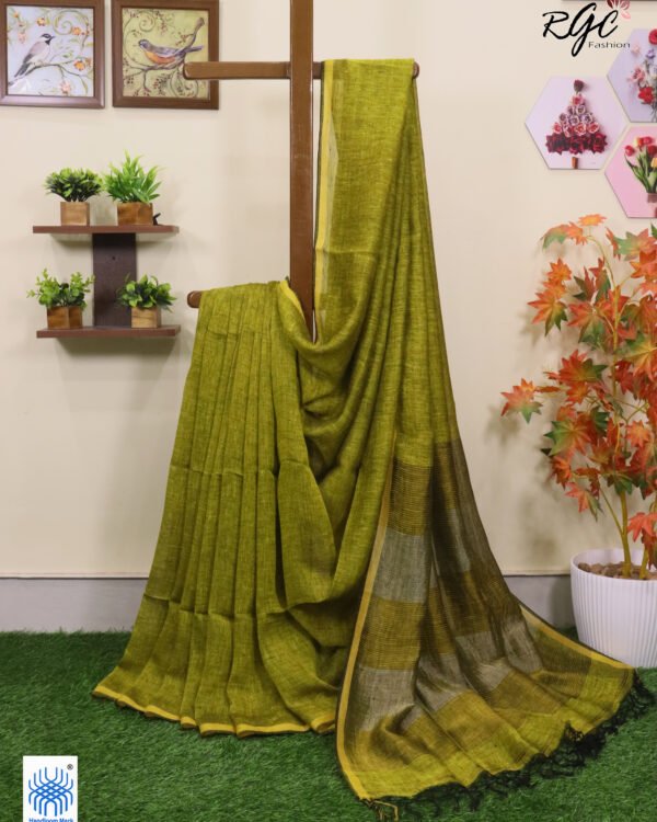 Blackish Yellow Linen Palin Golden Zari Border Saree