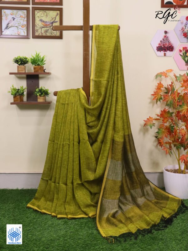 Blackish Yellow Linen Palin Golden Zari Border Saree