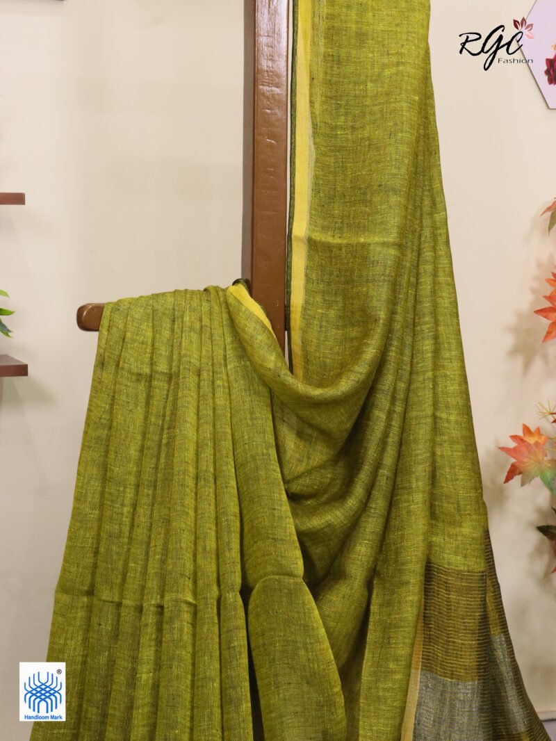 Blackish Yellow Linen Palin Golden Zari Border Saree - Image 2