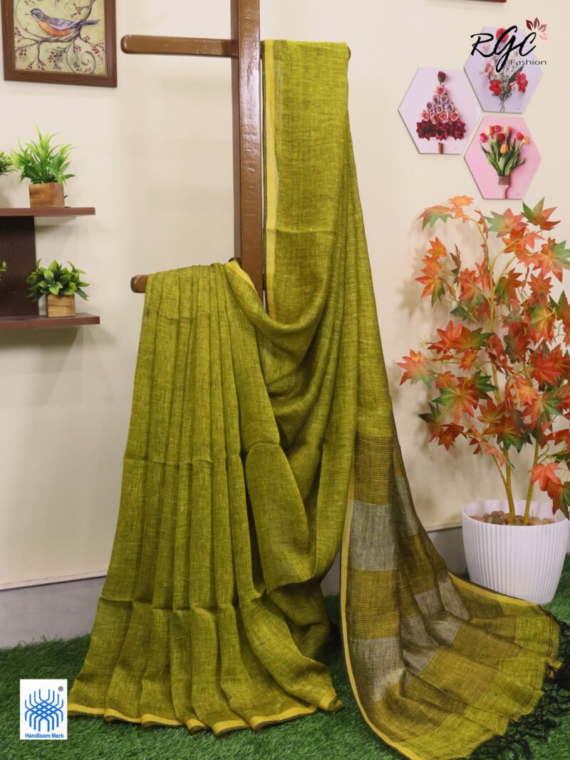 Blackish Yellow Linen Palin Golden Zari Border Saree - Image 3