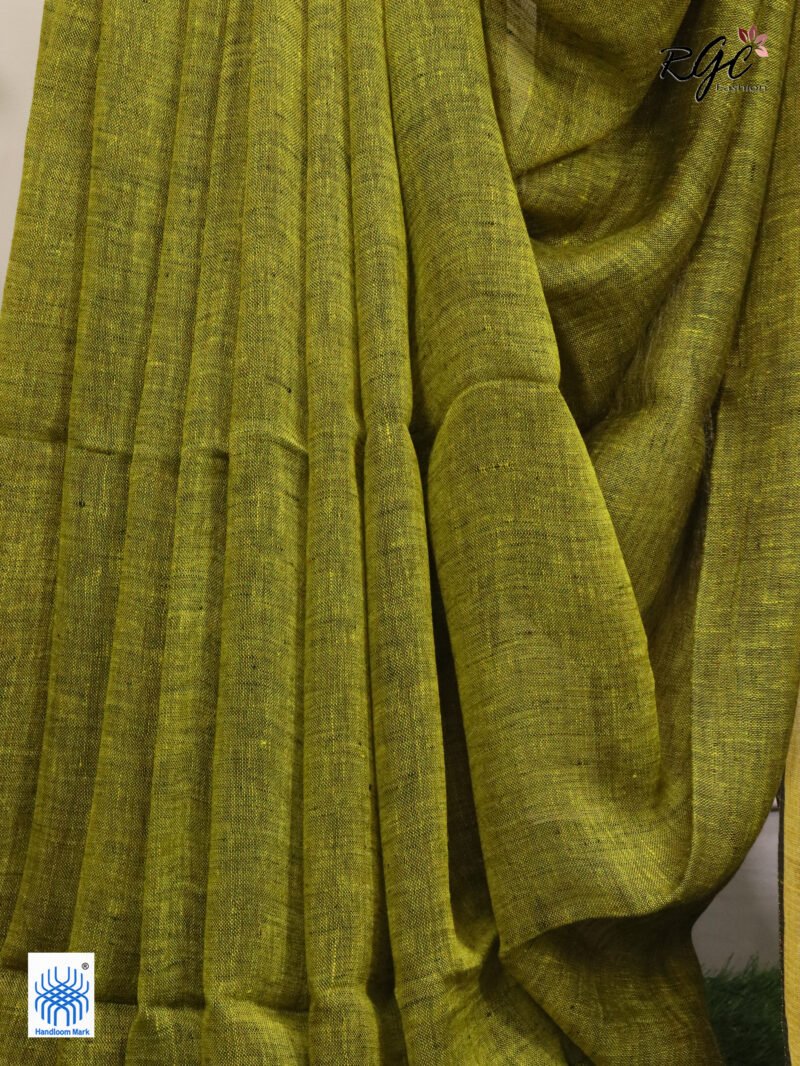 Blackish Yellow Linen Palin Golden Zari Border Saree - Image 4