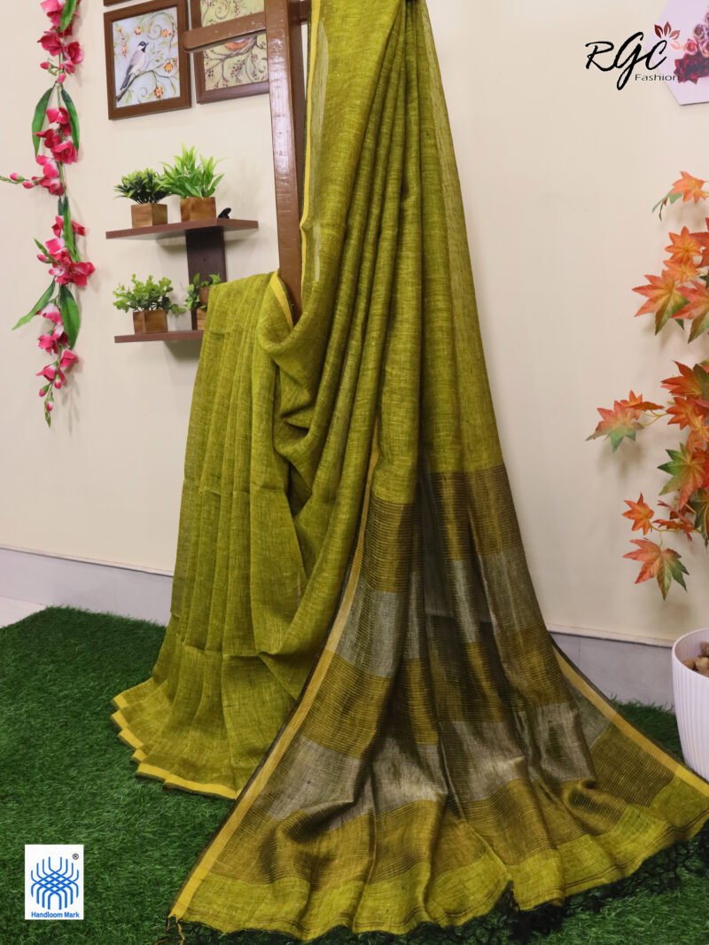 Blackish Yellow Linen Palin Golden Zari Border Saree - Image 5