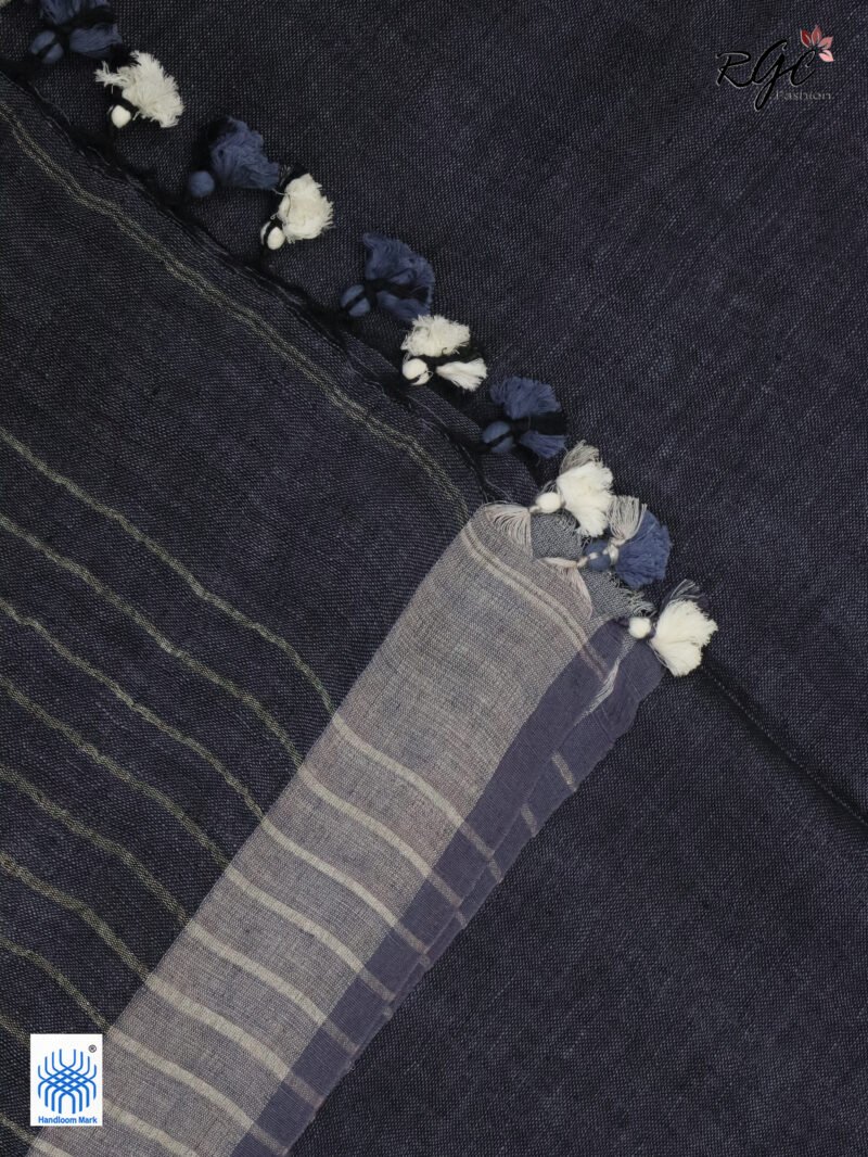 Gray Linen Palin Silver Zari Border Saree - Image 8