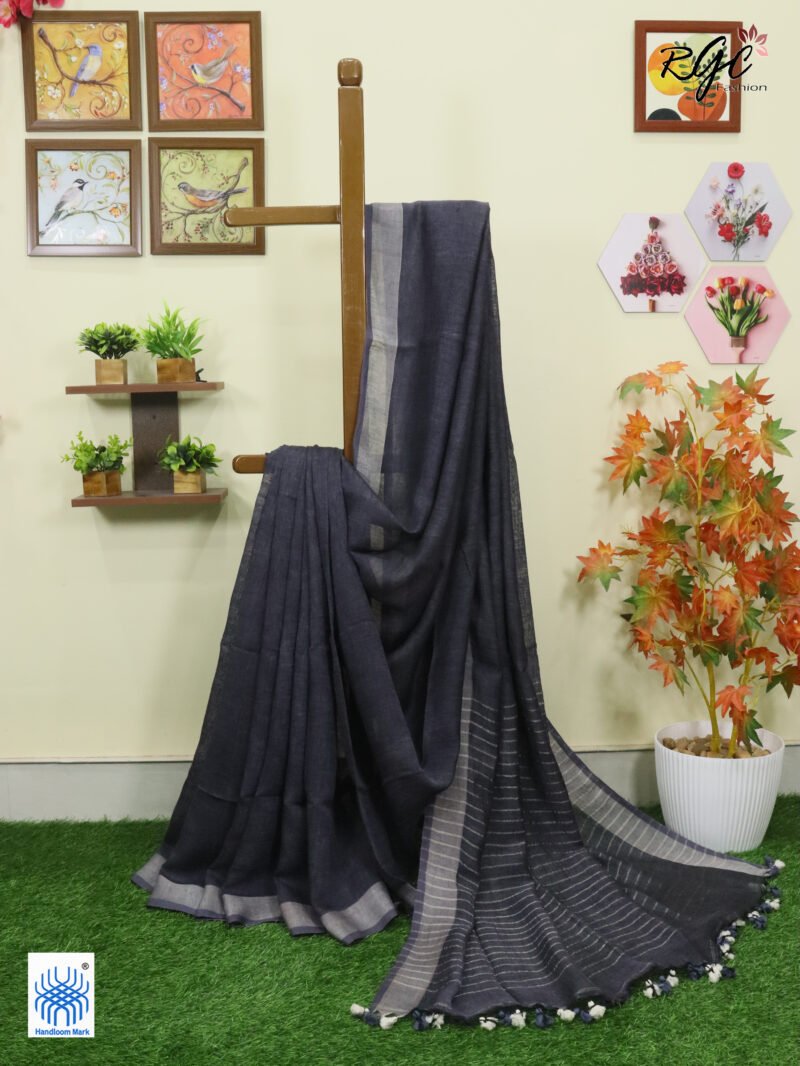 Gray Linen Palin Silver Zari Border Saree