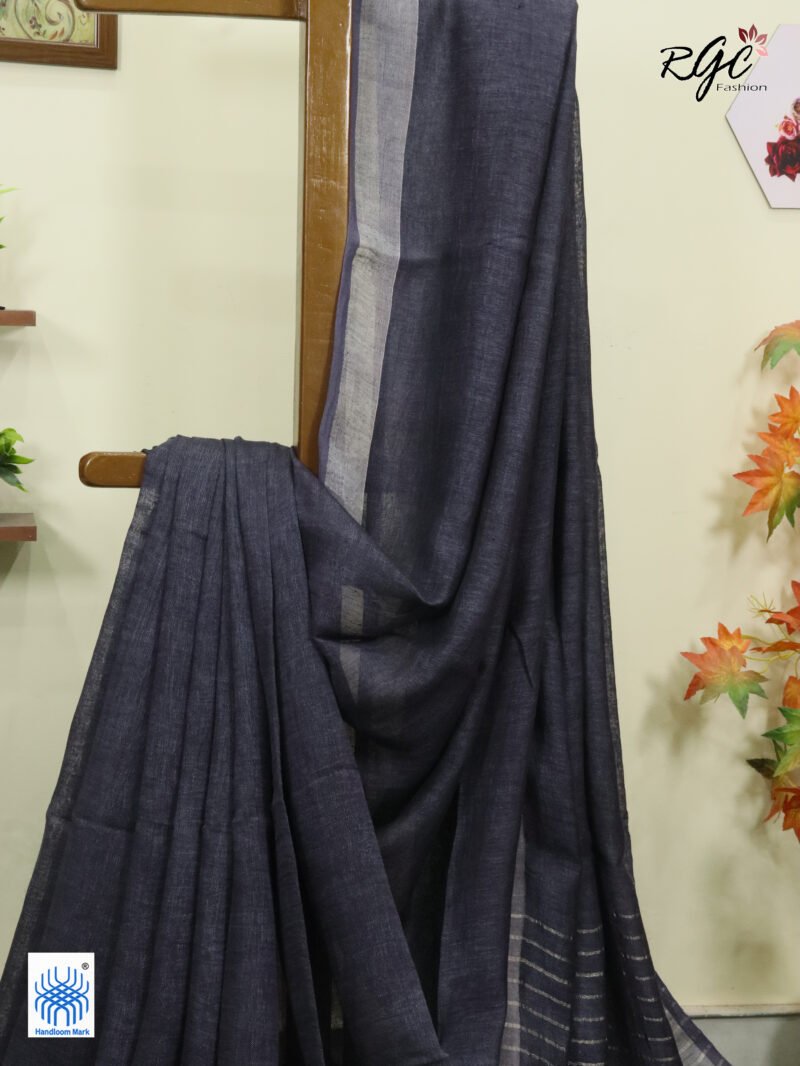 Gray Linen Palin Silver Zari Border Saree - Image 2