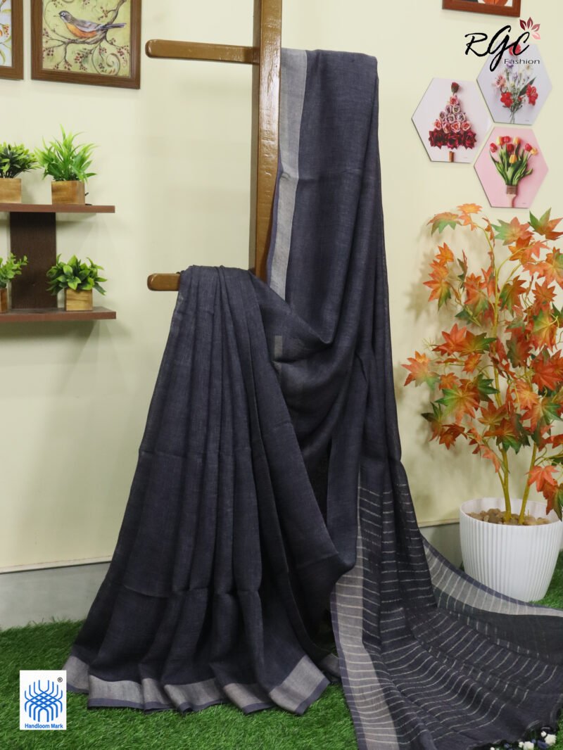 Gray Linen Palin Silver Zari Border Saree - Image 3