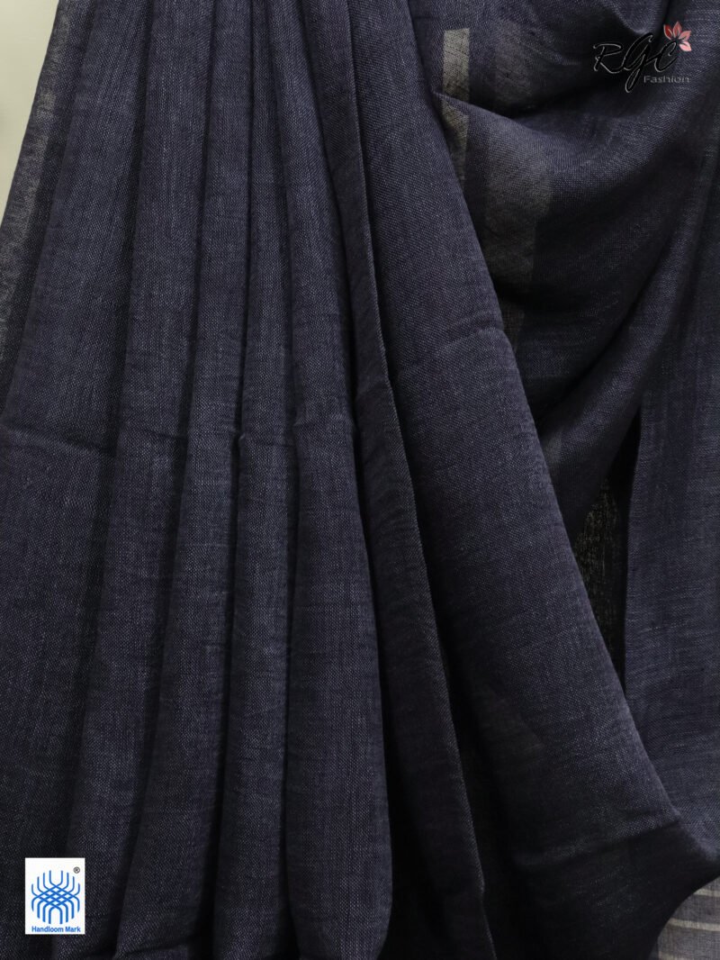 Gray Linen Palin Silver Zari Border Saree - Image 4