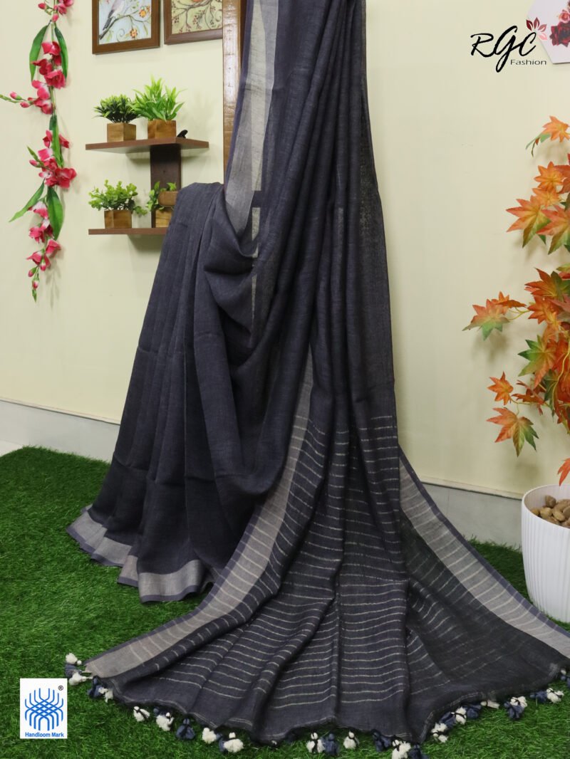Gray Linen Palin Silver Zari Border Saree - Image 5