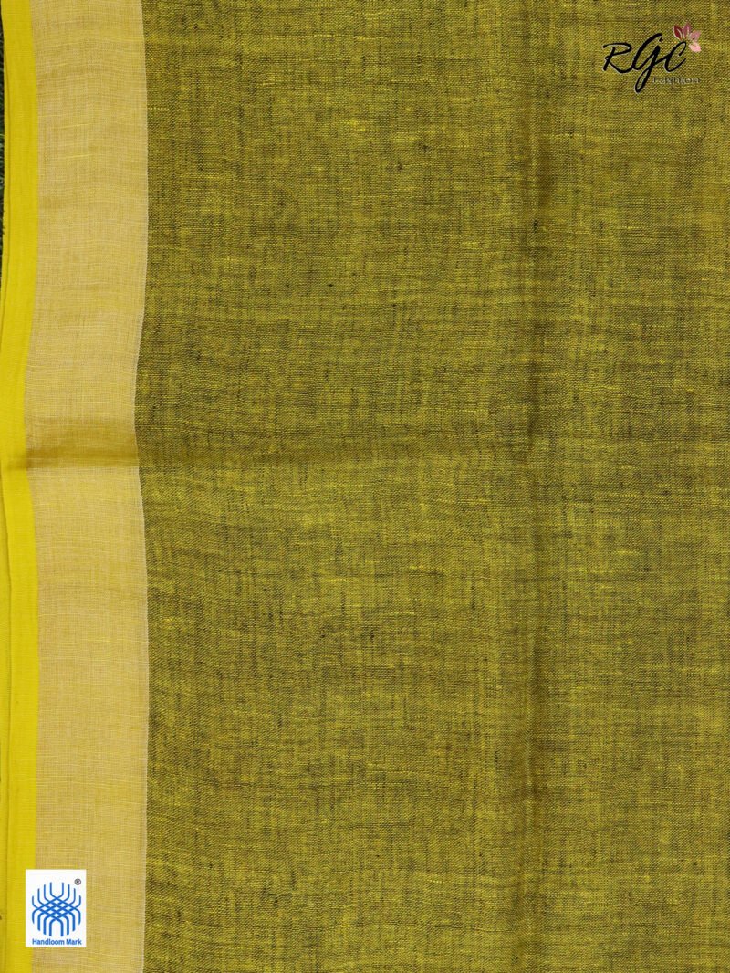Blackish Yellow Linen Palin Silver Zari Border Saree - Image 10