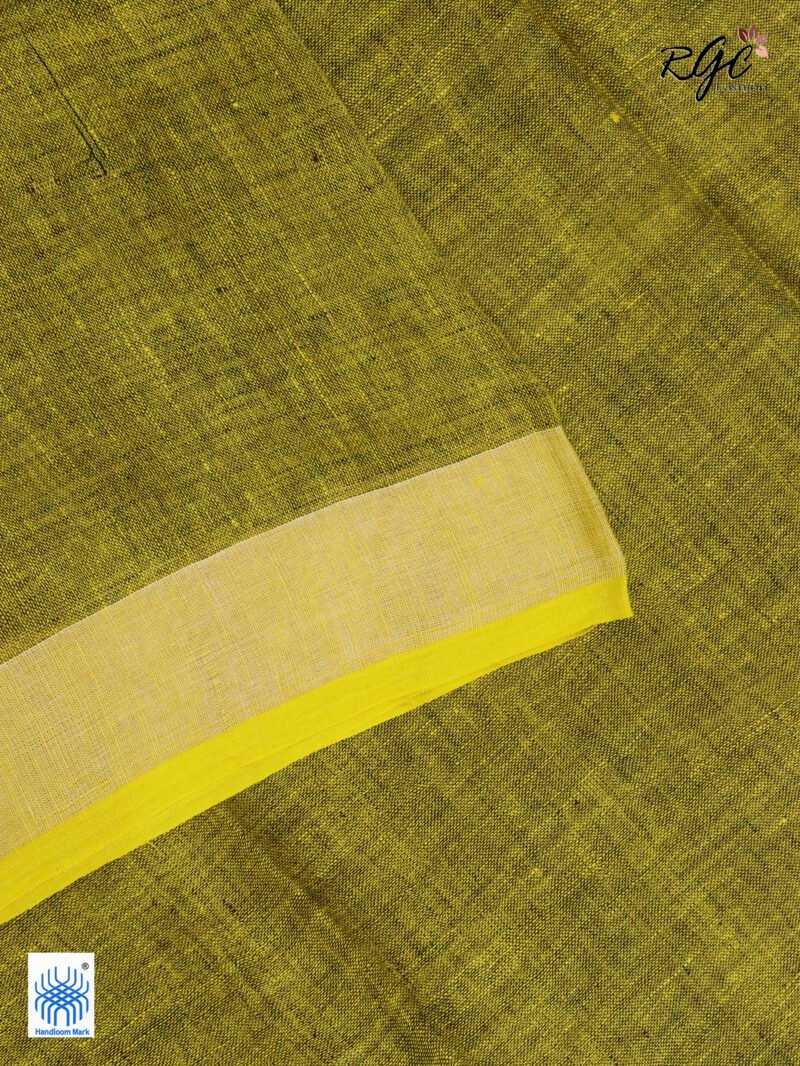 Blackish Yellow Linen Palin Silver Zari Border Saree - Image 9