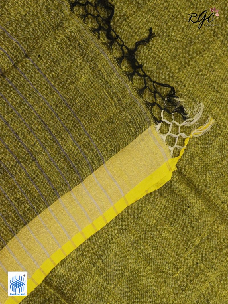 Blackish Yellow Linen Palin Silver Zari Border Saree - Image 8