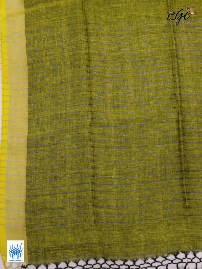 Blackish Yellow Linen Palin Silver Zari Border Saree - Image 7