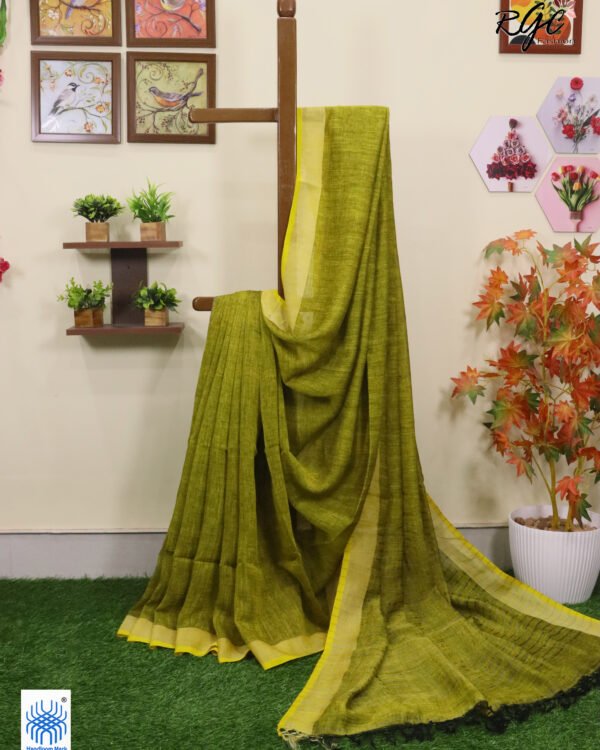 Blackish Yellow Linen Palin Silver Zari Border Saree
