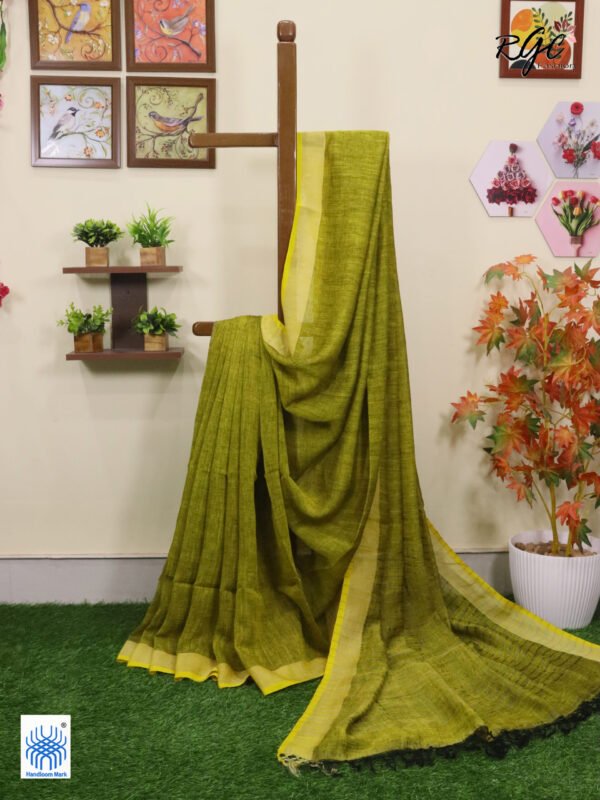 Blackish Yellow Linen Palin Silver Zari Border Saree
