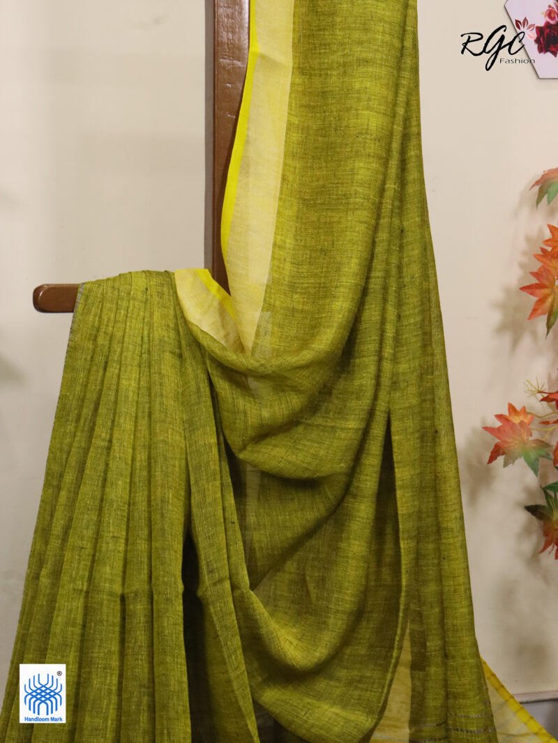 Blackish Yellow Linen Palin Silver Zari Border Saree - Image 2
