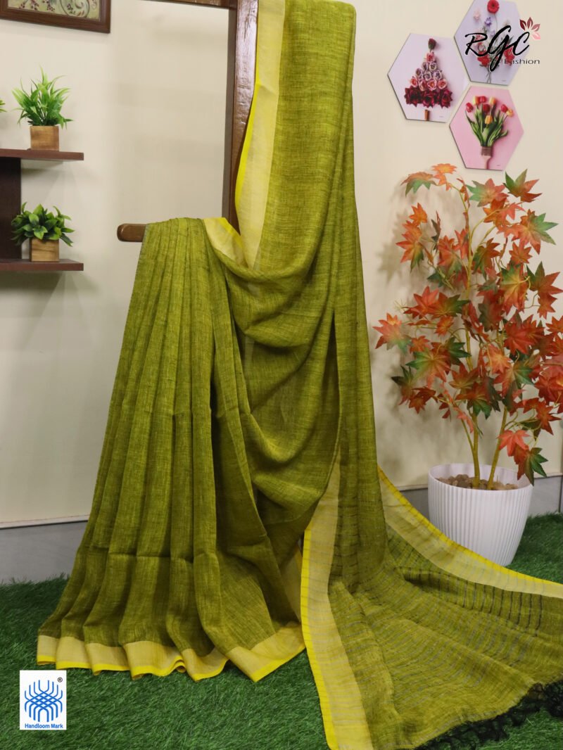 Blackish Yellow Linen Palin Silver Zari Border Saree - Image 3